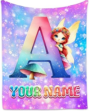 Blanket for Girls - Custom Kids Blankets with Name - Fairy Gifts for Toddlers Kids - Flannel Fuzzy Initial Throw for Sofa & Office