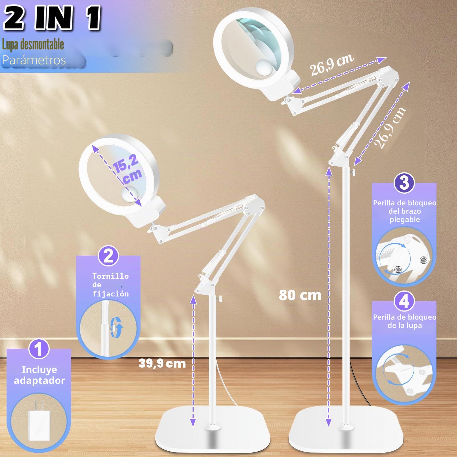 NZQXJXZ Lámpara de pie con Lupa con Luz, 2 en 1 Lupa con Luz y Soporte con 72 LED de Brillo Ajustable, Lámpara de Aumento de Cuello de Cisne Flexible para Trabajos de Cerca,Lectura, Blanco