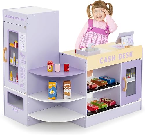 Miniatura 26 de Costzon Juego de tienda de comestibles para niños, tienda de juegos de simulación de madera con pizarra, caja registradora, máquina expendedora