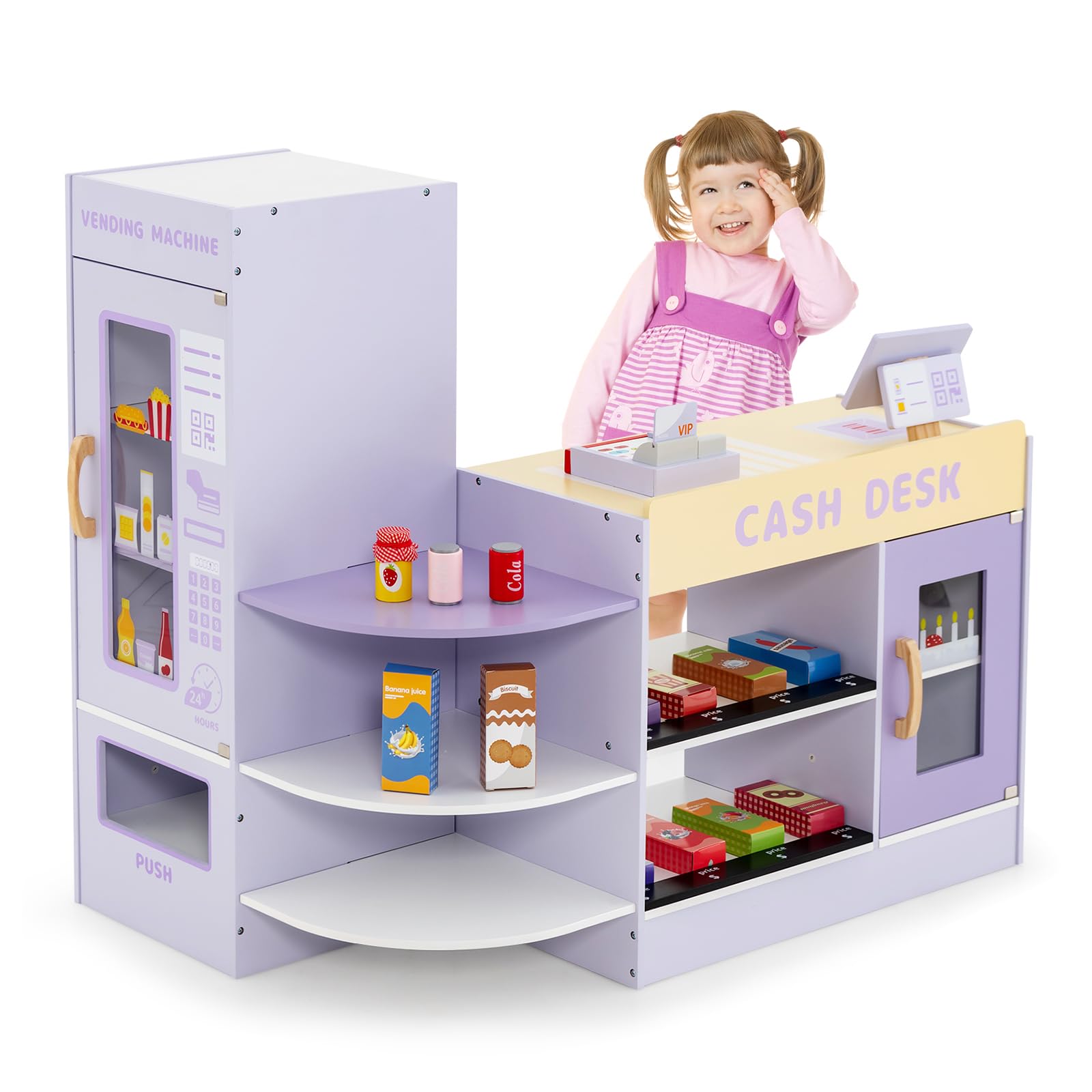 Maxmass Kids Pretend Grocery Store, Wooden Children Supermarket Playset with Rich Accessories, Vending Machine, Scanning Area, POS Machine & Screen, Toddler Play Shop for 3-8 Years Old (13PCS, Purple) โ image 1