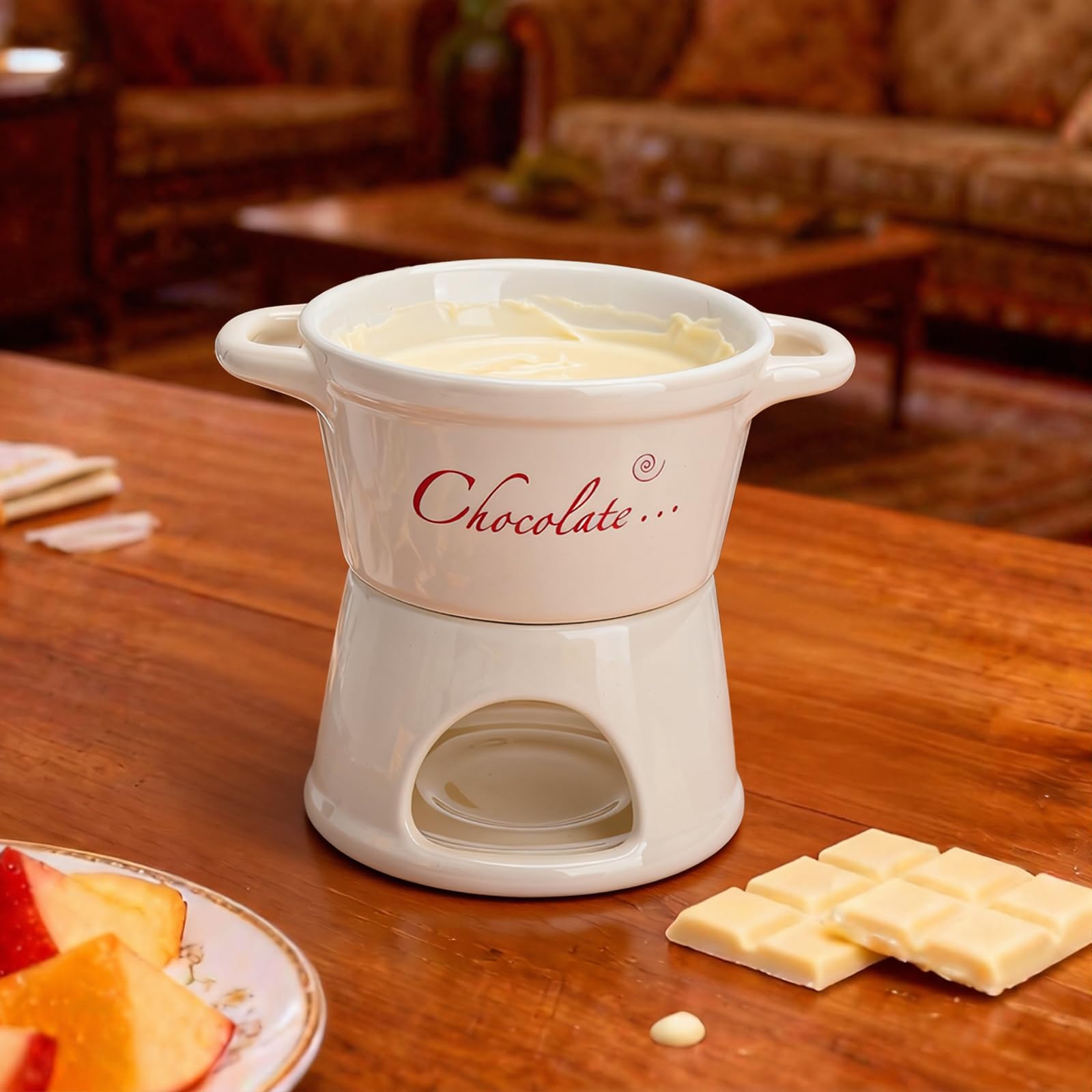 Juego de Fondue de Chocolate de cerámica con Tenedor - Mini Olla de Porcelana de 300 ml para Fondue de Chocolate Queso y Mantequilla, Ideal para el Invierno San Valentín el hogar y la Cocina