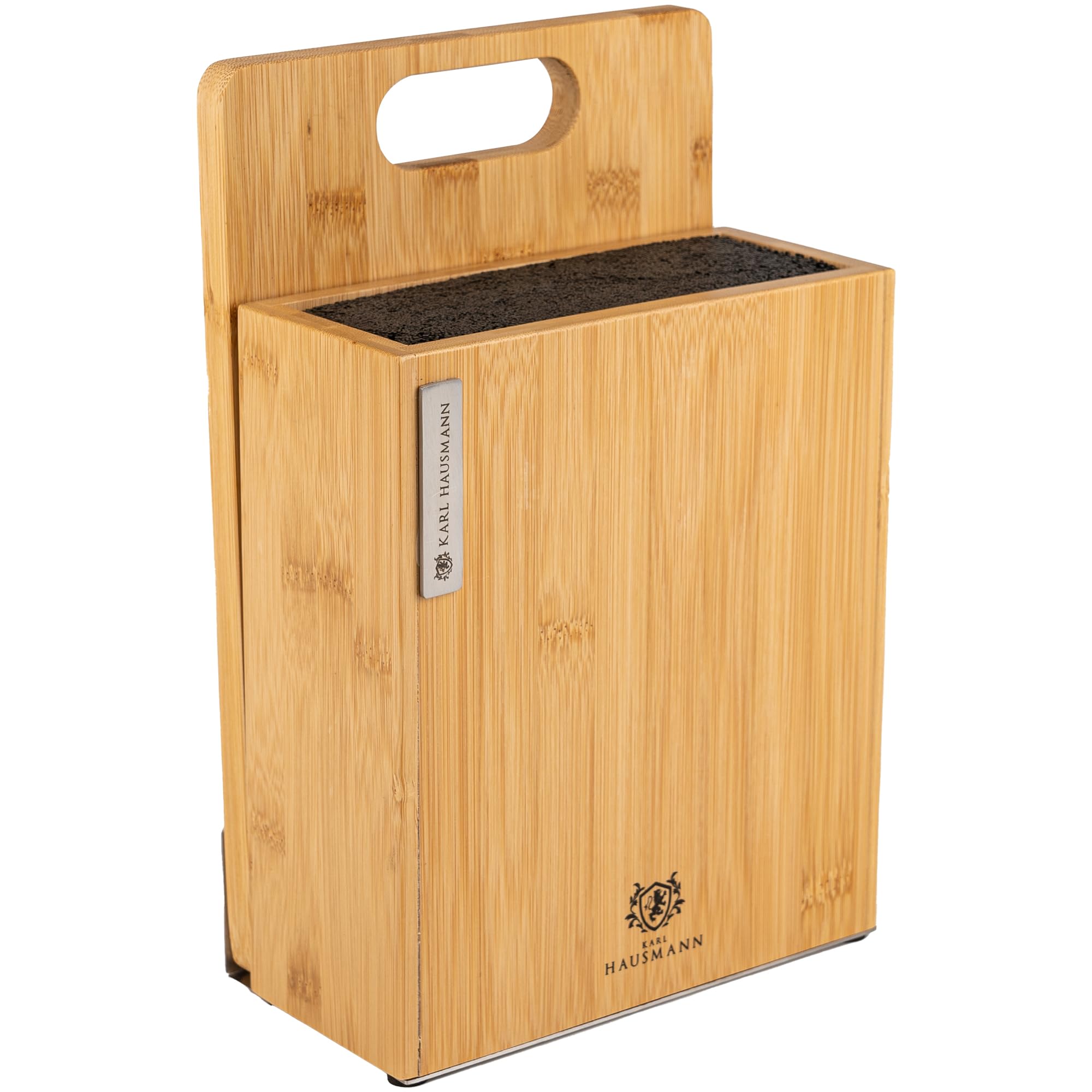 KARL HAUSMANN Bloc Couteaux Magnetique 3-en-1 en Bambou - 23x19,5x11cm - Support Couteau Sans Couteaux avec Planche à Découper et Insert Universel - Porte Couteau Cuisine