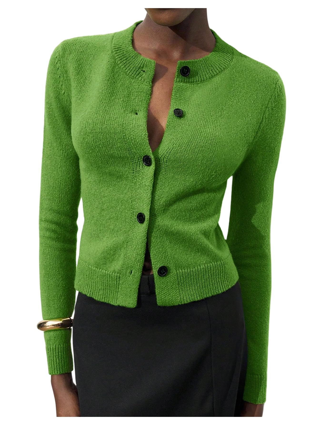 Womens Elegant Button Down Knit Cardigan Long Sleeve Crew Neck Fitted Sweaters Fall Clothes