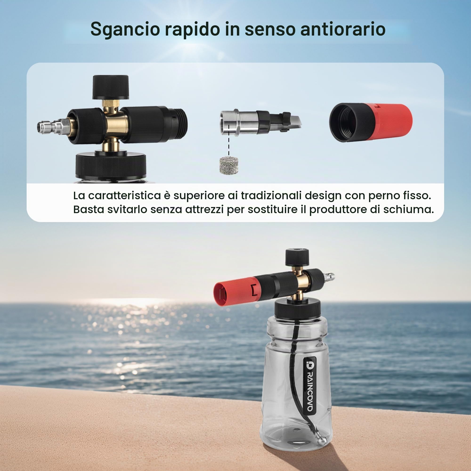 Raincovo Cannone a schiuma a bocca larga per idropulitrice, lancia spessa per lavaggio auto, cannone per sapone regolabile con connettore rapido da 1/4", ugello orifizio aggiuntivo da 1,1 mm