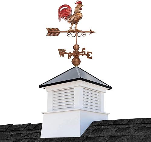 Cupola cuadrada de vinilo Manchester de 18 pulgadas con techo de aluminio negro y veleta de gallo rojo de cobre de Good Directions