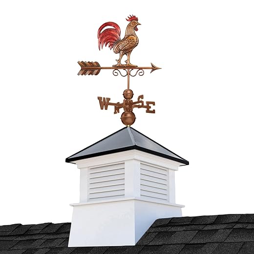 18" Square Manchester Vinyl Cupola with Black Aluminum roof and Copper Bantam Red Rooster Weathervane by Good Directions