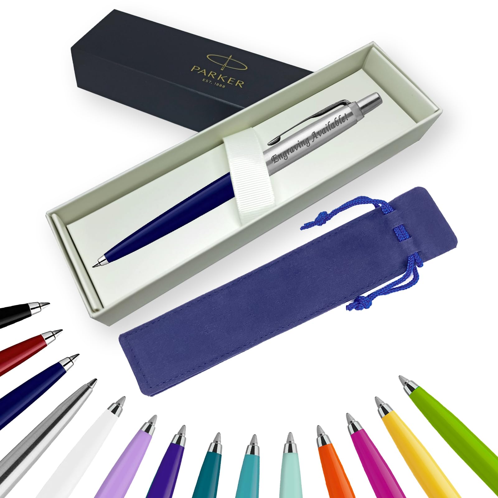 Parker Jotter Ballpoint Pen Handwriting Pens & Stationery Supplies - Ideal for Birthdays/Anniversaries Can be Engraved! (With Engraving, Navy Blue, Ribbon Gift Box)