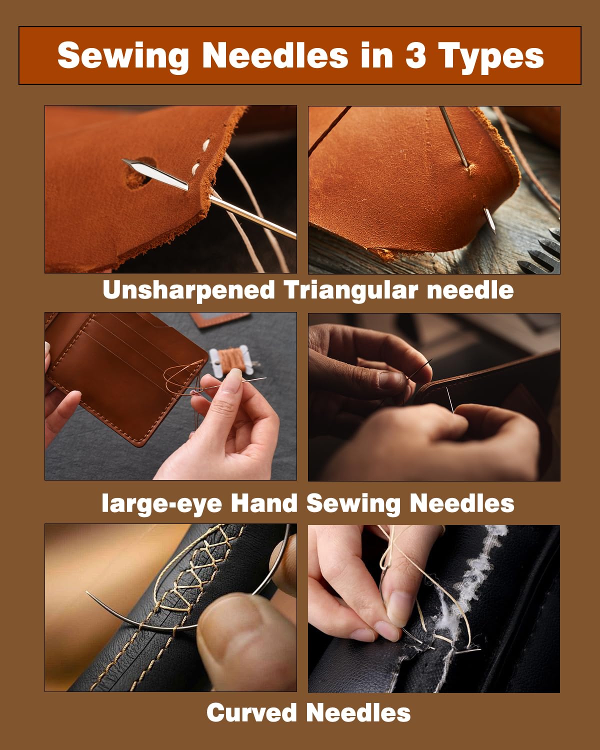 FOUSNOW Juego de 36 agujas de coser resistentes, agujas de coser curvadas para coser a mano, agujas de coser de cuero con cojín de agujas de coser de madera, estuche de agujas para reparación de