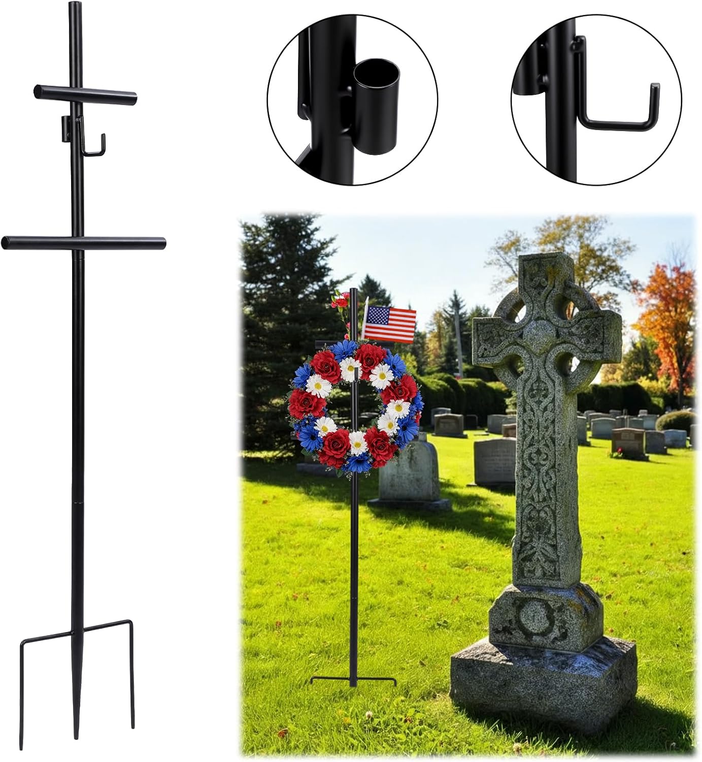 Frienda Adjustable Wreath Stand for Cemetery, Black Cross Design with Hook for Hanging Wreath & Hole for Floral Arrangement, Outdoor Memorial Decoration, Height Adjustable from 23.6" to 35.4"
