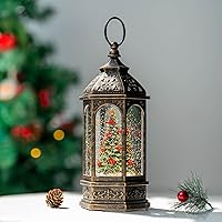 Vista 8 de Globo de nieve musical de árbol de Navidad iluminado con cardenal y linterna de agua con purpurina giratoria, decoración para hogar navideño y sala