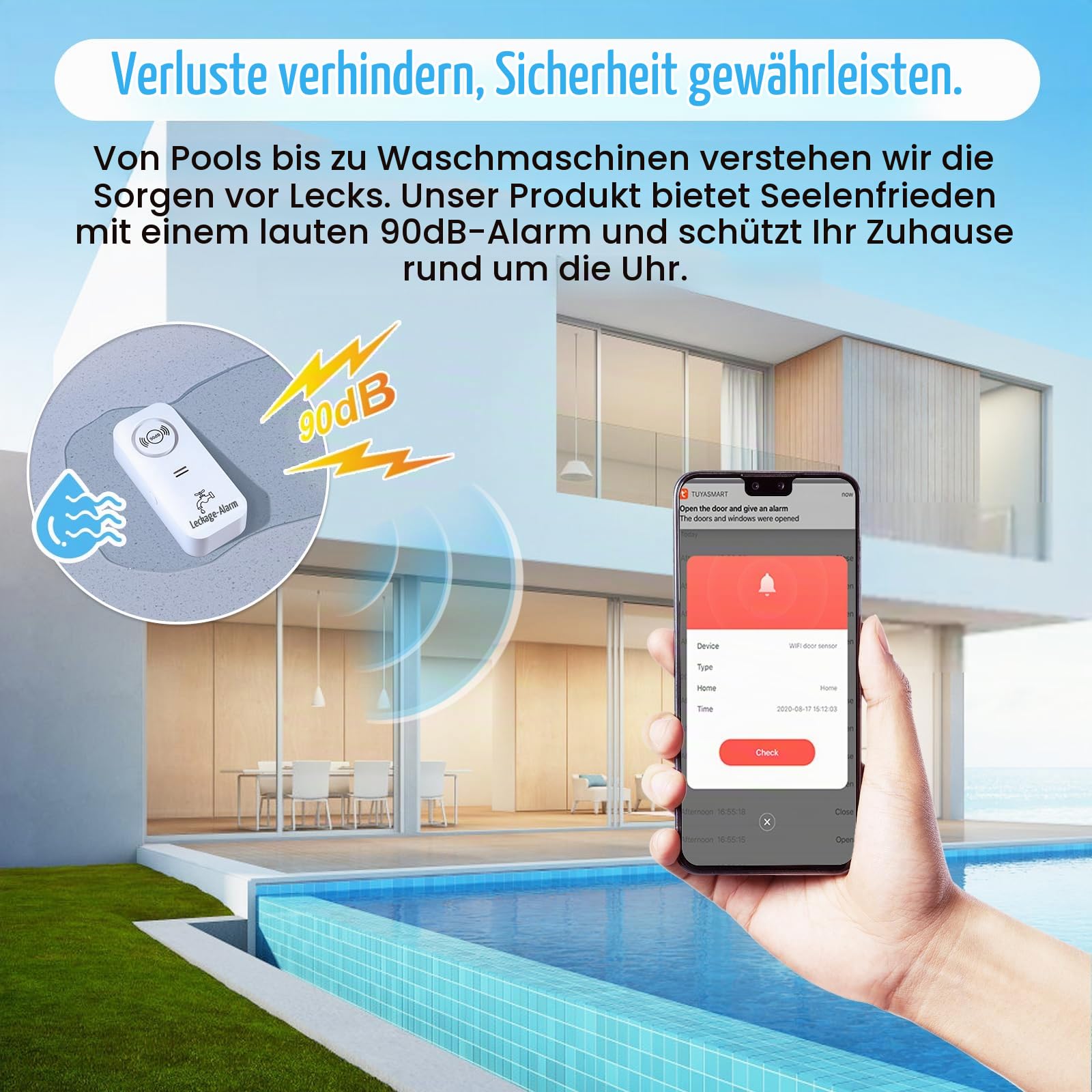 Wassermelder WLAN (2,4 G WiFi), 90 dB WiFi Wassermelder Wasseralarm und App Alarm, Wassersensor Alarm für Rohre, Schlafzimmer, Küche, Badezimmer, Keller (6er-Pack)