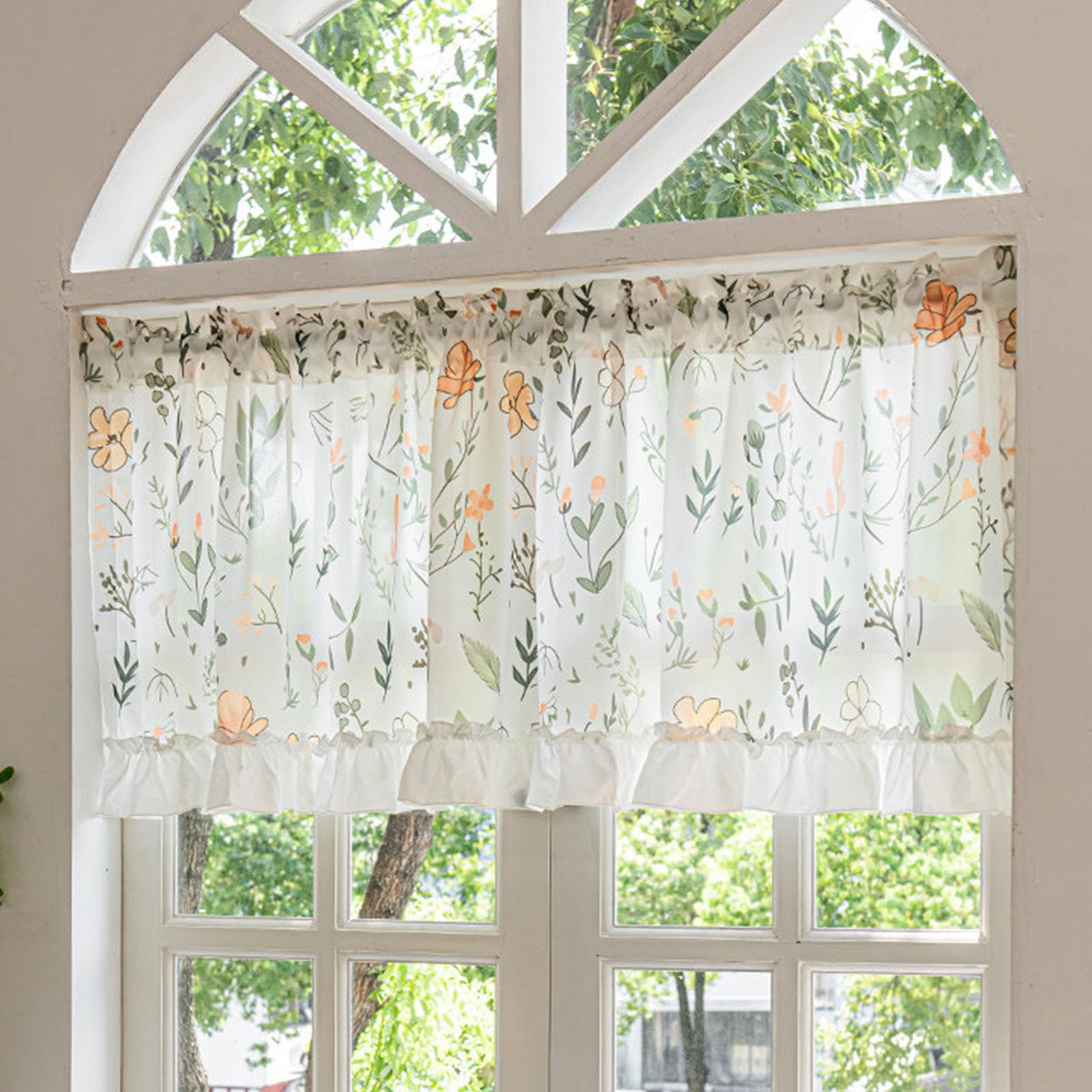 ZZYK Valance Curtains for Rod Pocket Farmhouse Small Window Light Filtering Valance, Flower Tassel Sheer Curtain Valance for Bedroom Bathroom Cafe,Green,98" W x 59" L