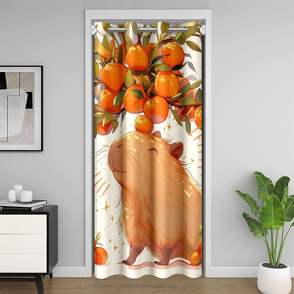 Feelyou Cute Capybara 30%-50% Room Darkening Curtain Kawaii Capybara Door Cover Curtain Set for Kids Boys Girls Cartoon Animal Doorway Curtain Privacy Orange Fruit Window Treatments 1 Panel, 52