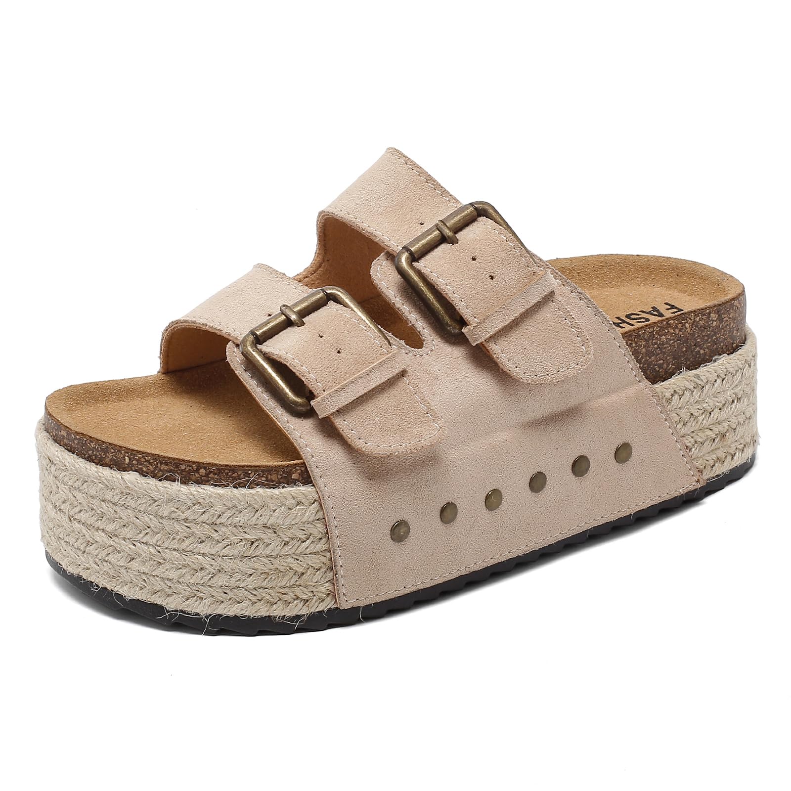 zaxunai Pantoletten Damen mit Kork-Fußbett Bequeme Plateau Sandalen & Slides für Damen mit Verstellbaren Riemen Sommer Hausschuhe mit Doppelten Schnallen und Rutschfesten Sohlen