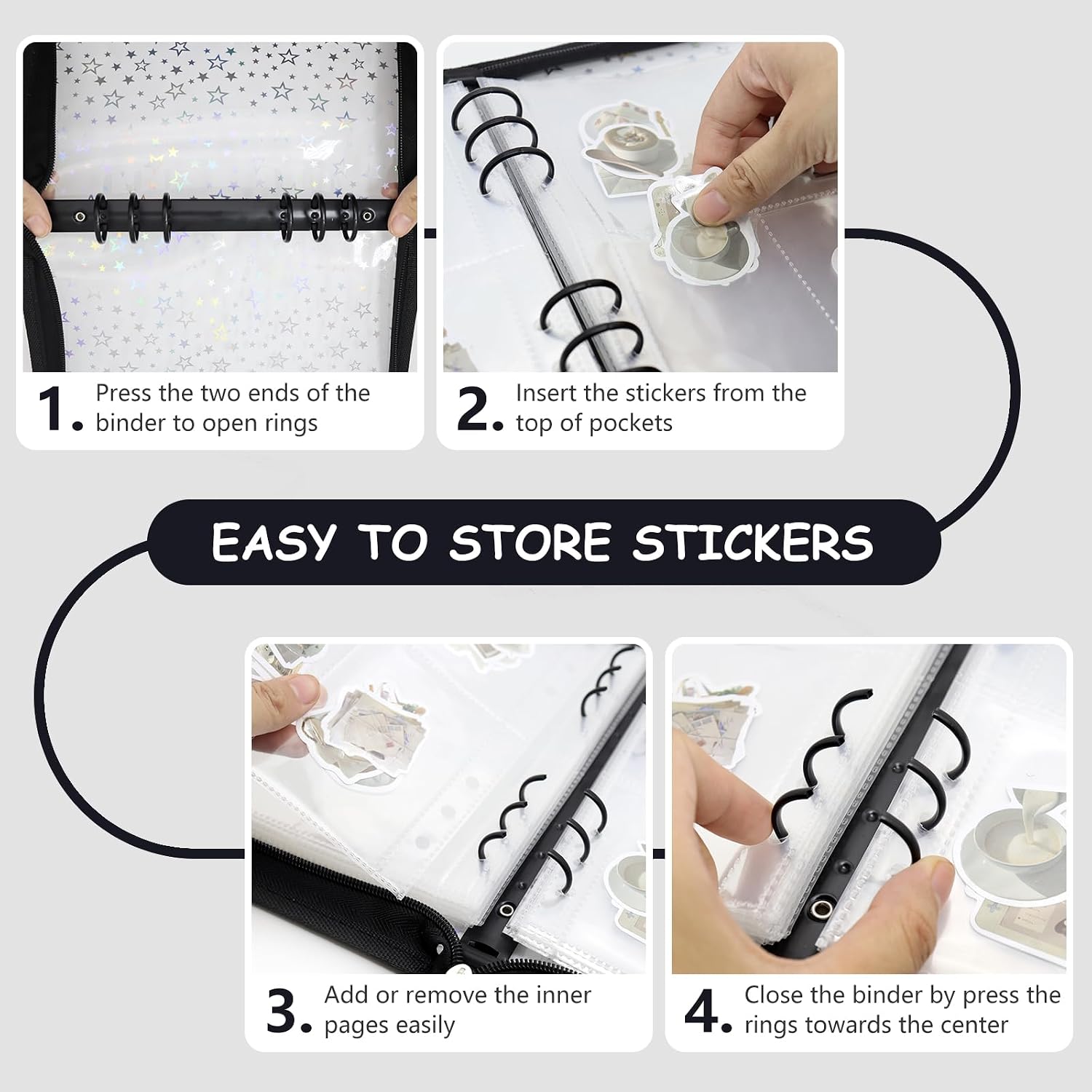 Sticker Storage Organizer Binder A5 Sticker Collecting Book Reusable Zipper Album with Clear Laser Star Cover and Pocket Pages (Black) image 4