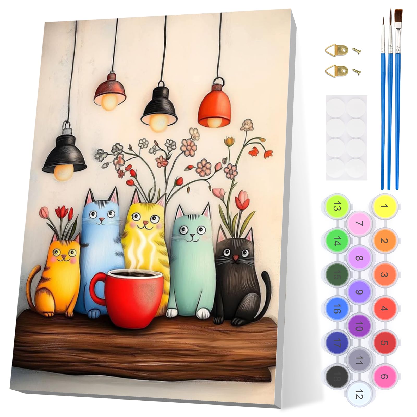 EOBROMD Coffee Cat Paint by Numbers for Adults with Frame, Funny Animals Paint by Numbers Kits, Acrylic Easy Painting by Numbers for Gift Home Wall Decor 8x12in