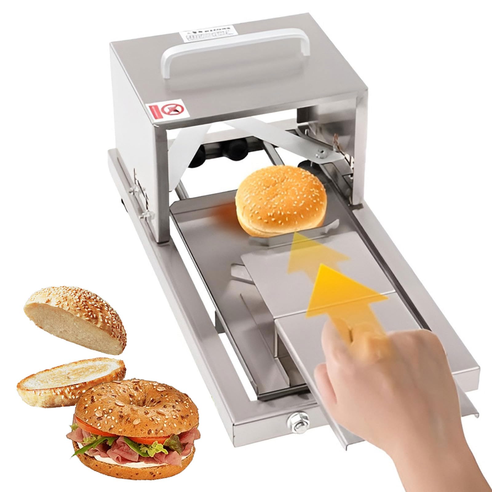 FHRKA Commercial Bread and Bagel Slicer, Commercial Burger Buns Slicer Machine with 4 Adjustable Thickness, Push-Pull Stainless Steel