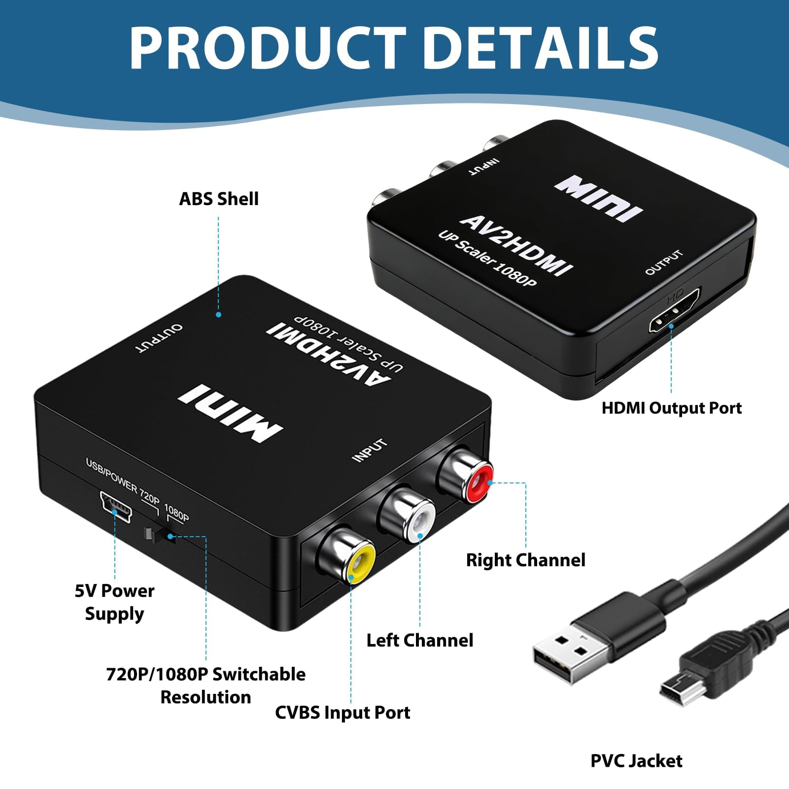 Konwerter RCA na HDMI 1080P, adapter RCA na HDMI z kablem USB, Mini AV Composite CVBS Video Audio Converter Adapter, obsługuje PAL/NTSC/SECAM, dla Xbox 360 PS1 PS2 WII VHS Camera, Plug & Play