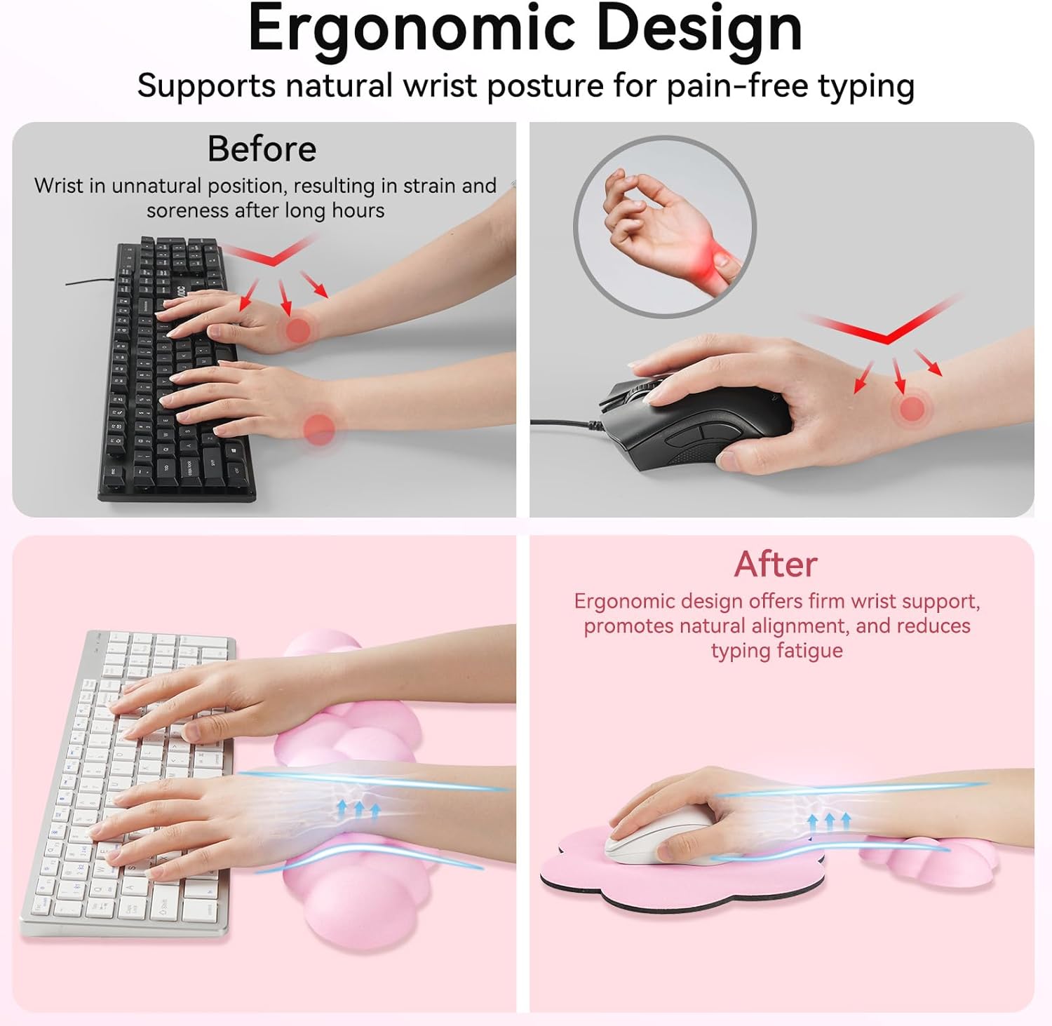 Sushret Cloud Wrist Rest for Computer Keyboard, 4-in-1 Memory Foam Leather Cloud Keyboard Wrist Rest and Mouse Pad Set with Ergonomic Support for Arm and Palm Cushion, Gaming/Work Setup, Pink