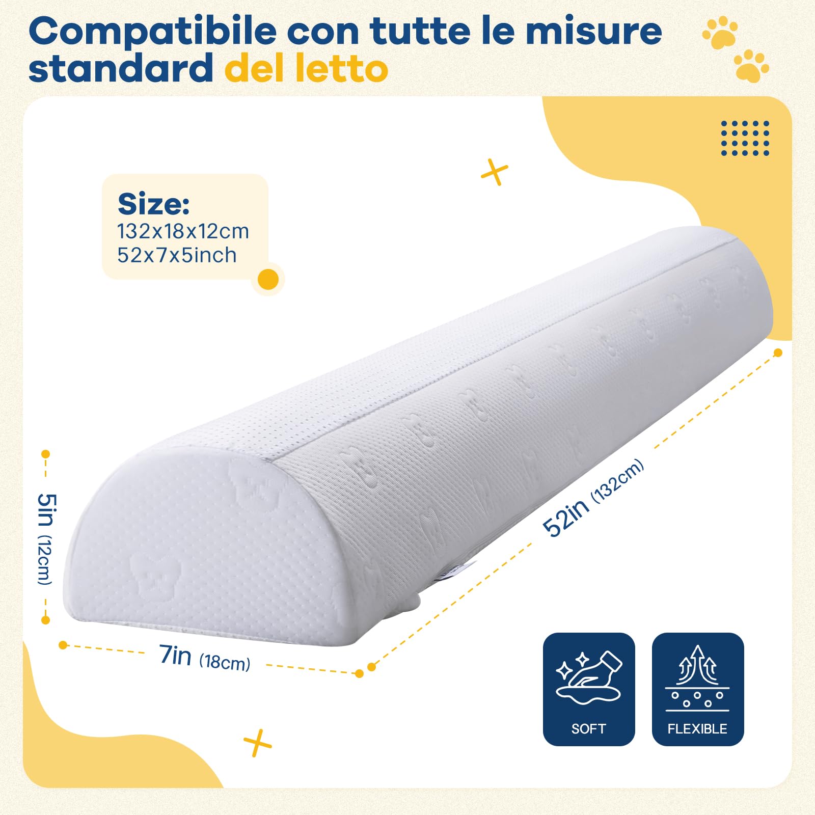 Sponda Letto Bambini in Schiuma Semicircolare, Barriera Letto con Fodera Rimovibile Lavabile, Protezione Antiscivolo per Letti Singoli, Matrimoniali, Queen e King, Confezione da 2