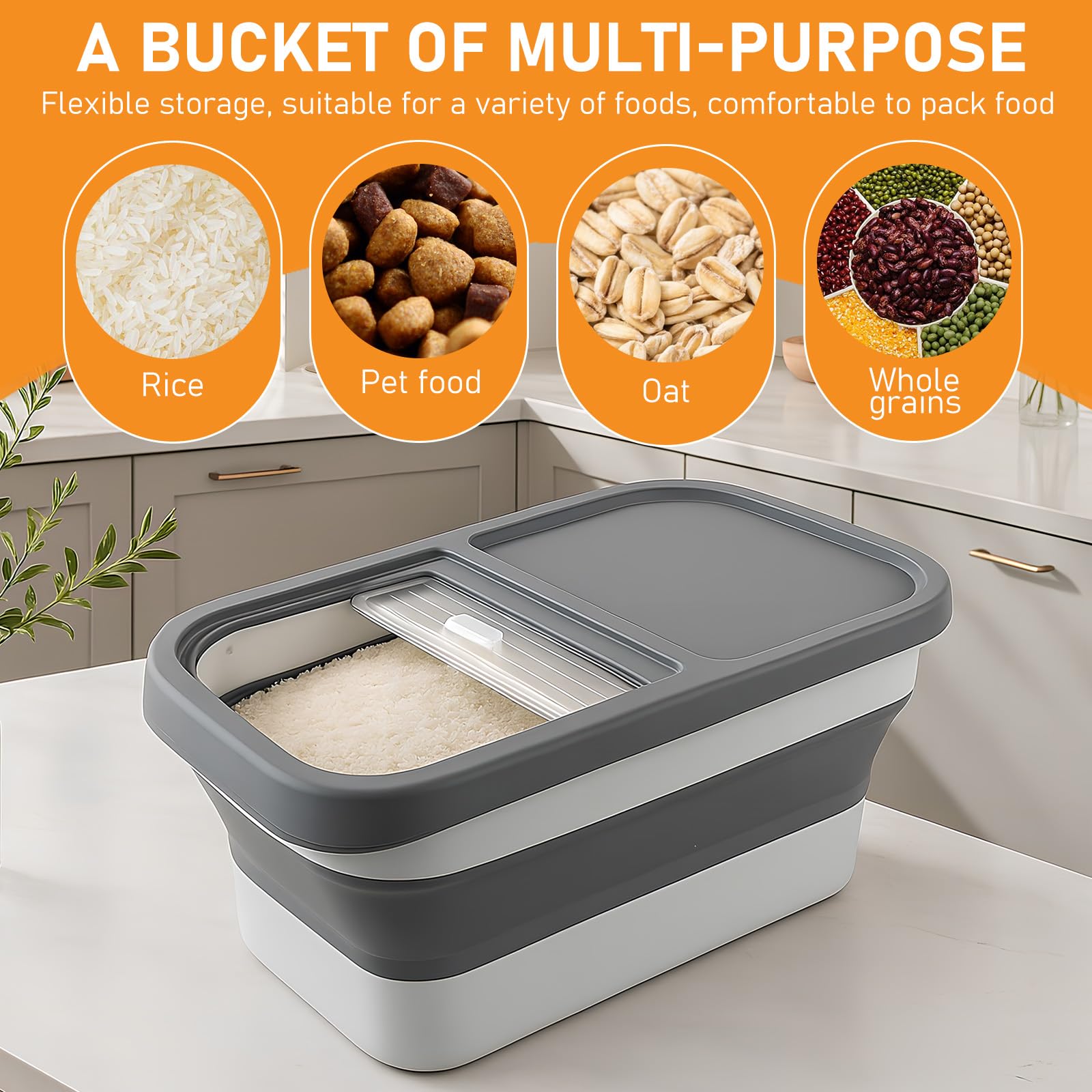 Hundefutter Aufbewahrung,7kg Faltbarer Futterbehälter für Haustiere mit Deckel,2 Vorratsbehälter,1 Messbecher,1 Löffel,Dog Food Container,Futterbox Hund Hundefutterbox für Haustiere Katzen (grau)