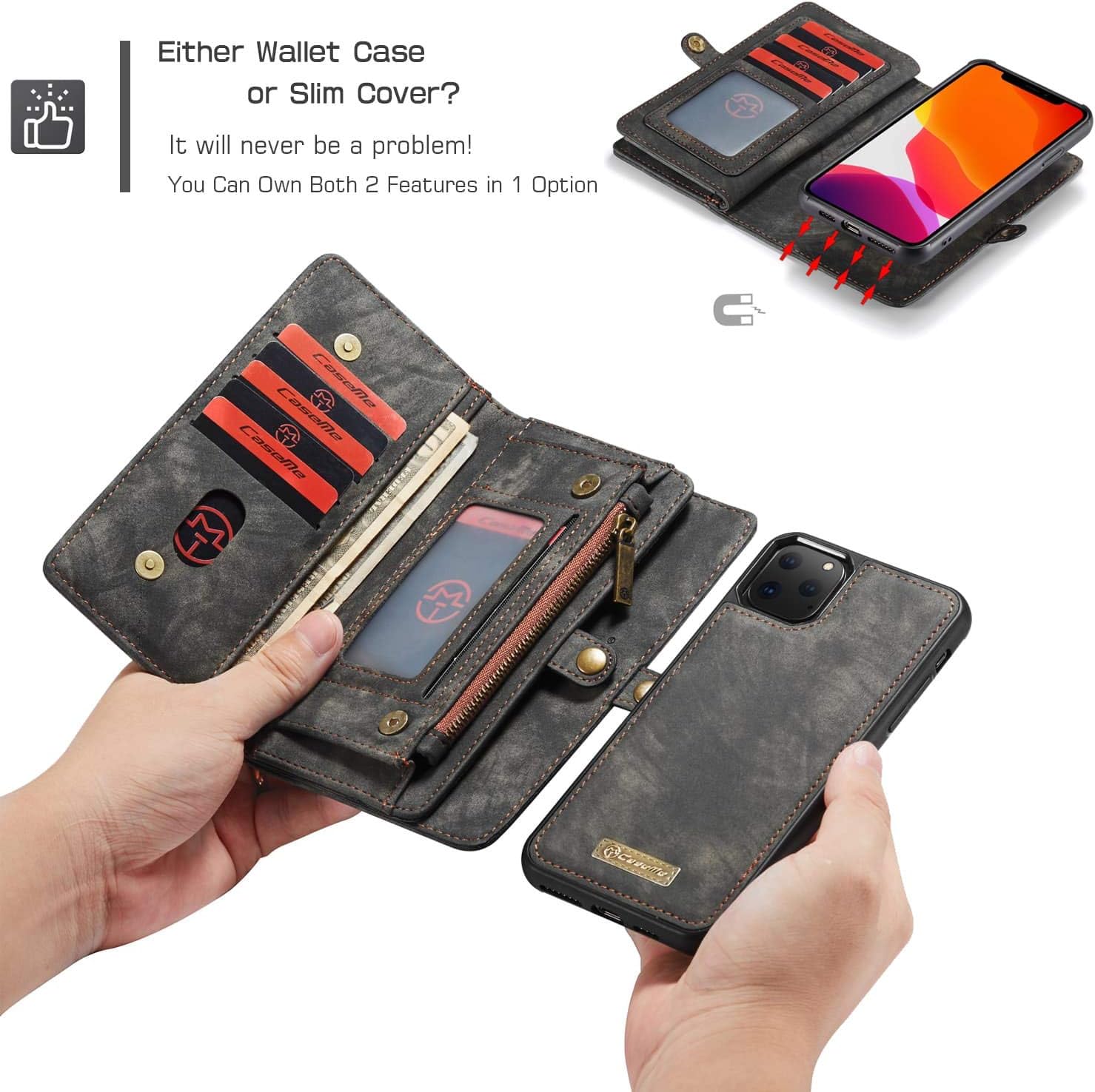 Compatible with iPhone 11 Pro Max Wallet Case, SINIANL Leather Zipper Detachable Credit Card Slot Money Pocket Clutch Cover Magnetic Closure Flip Cover for iPhone 11 Pro Max Black