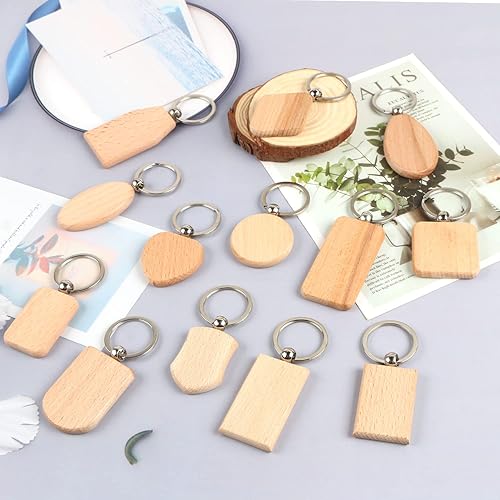 Miniatura 6 de MIKIMIQI 15 piezas de grabado de madera, llavero de madera en blanco, varios colores de madera sin acabar, llavero para manualidades, grabado láser,