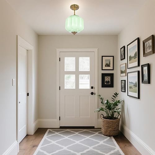 Miniatura 3 de Lámpara colgante de cristal de leche verde de 9 pulgadas, bombilla LED incluida, lámparas vintage de latón antiguo de mediados de siglo Art Deco