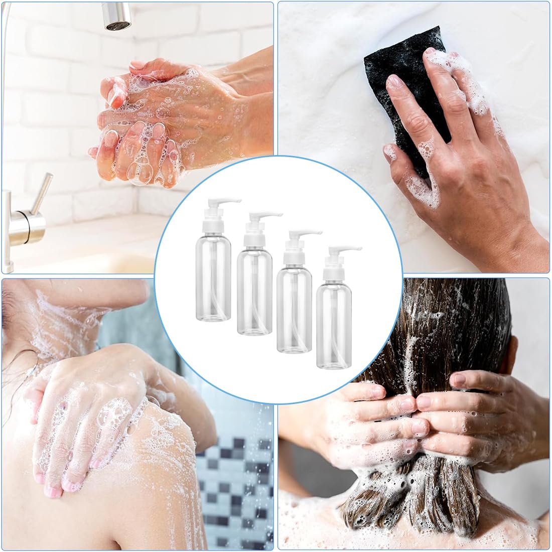 4 Pezzi Flaconi da Viaggio, 80 ml Bottiglie da Viaggio Trasparenti, Pompa da Viaggio in Plastica Dispenser, Boccette Contenitori Ricaricabile, per Cosmetici, Lozione, Bagno, Shampoo Liquidi