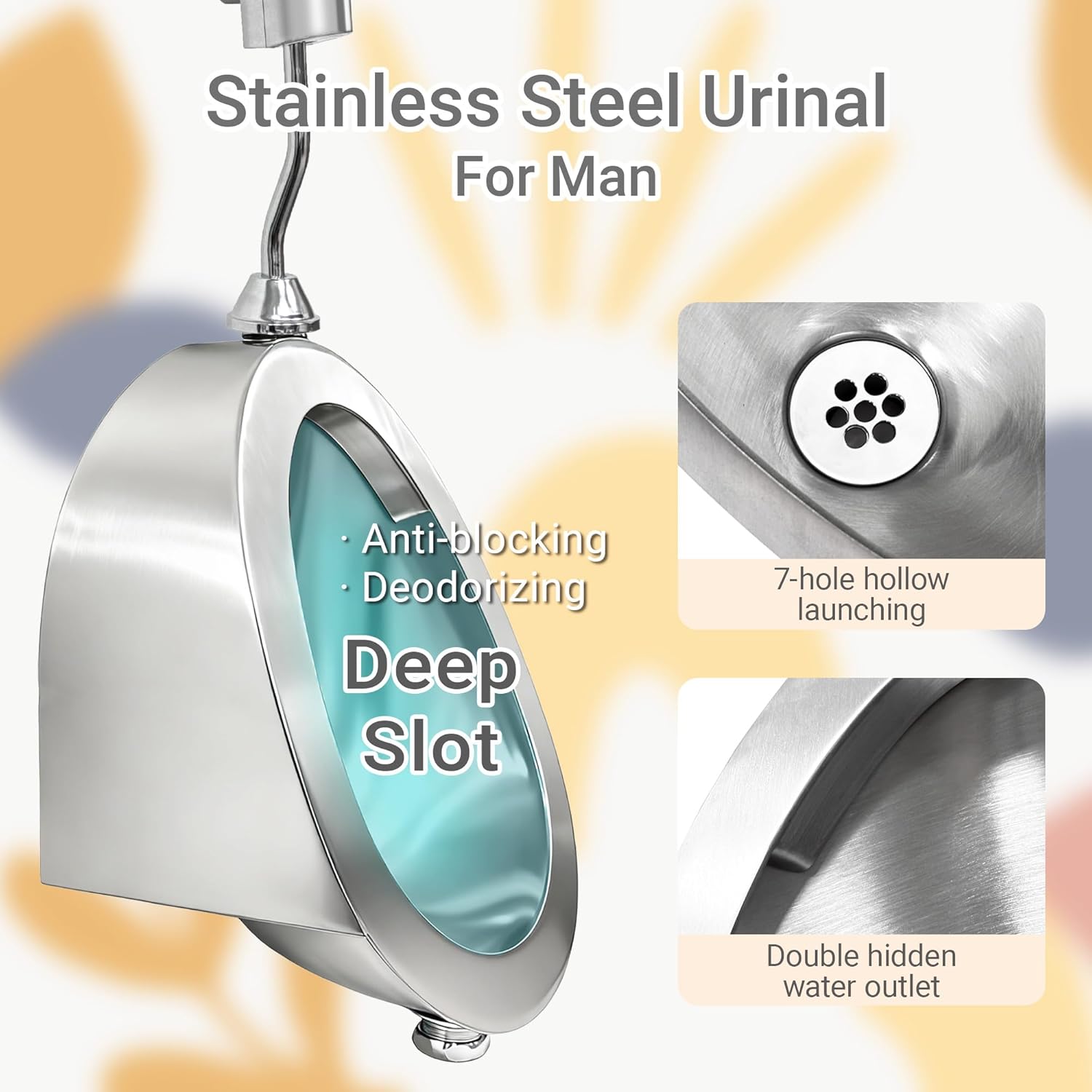 304 Stainless Steel Urinal, Commercial Men’s Flushing Stainless Steel urinal with Sensor Option, Corrosion Resistant Design for Public Restroom, Men Bathroom or Home Use
