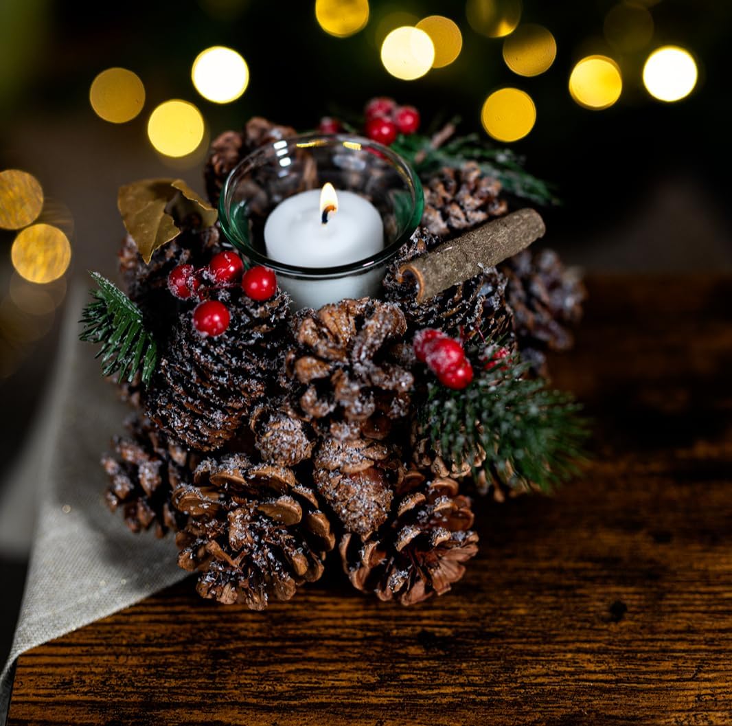 Marco Paul Traditional Alpine Christmas Decorations Festive Tea Light Christmas Candle Holder with Frosty Pinecones and Sage Xmas Home Decor tea light candle holder room decor
