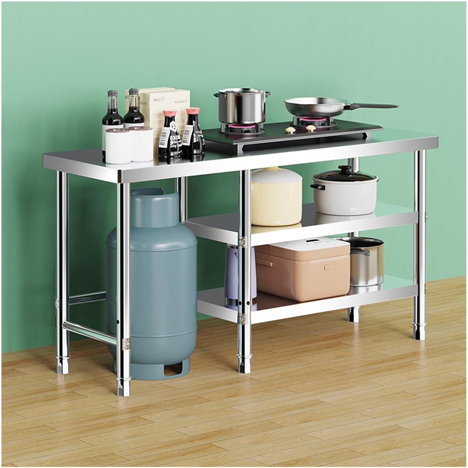 Triple Combination Work Table Open Storage Rack Rounded Corner Cooker Rack Kitchen Shelf Work Table Multifunctional Preparation Table Commercial Metal Table Adjustable Feet(100x50x80cm/39.4x19.7x31.5"
