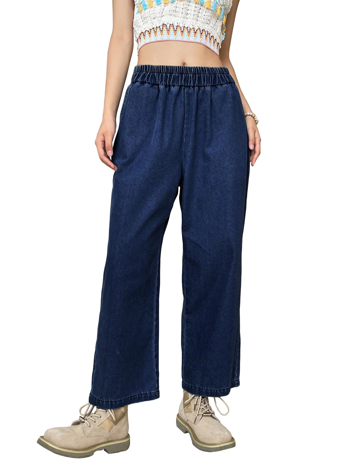 Girl's & Women's Denim Cotton Elastic Waist Cropped Straight Ankle Length Wide Leg Casual Baggy Jeans for Women, Trousers Pant for Women (Jeans 239)