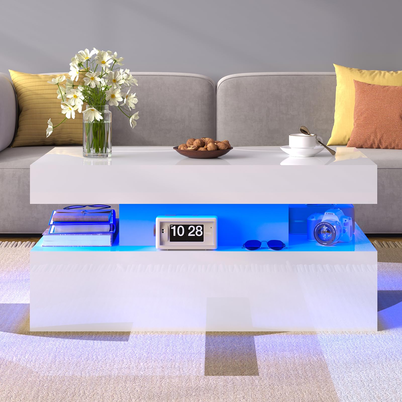 LUXOAK Coffee Table with LED Light, Modern High Gloss Finish Center Table with 2-Tier Storage Space, Minimalist Coffee Table for Living Room, Office,