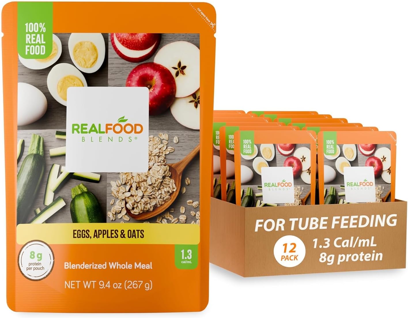 - REAL FOOD BLENDS Eggs, Apples & Oats, Pureed Breakfast Meal for Tube Feeding, 8g Protein, 23 Vitamins and Minerals, 9.4 oz (12 Pack)