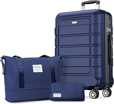 SHOWKOO 28In Luggage Sets Expandable Durable PC+ABS Hardside Suitcase, Blue | Expandable Hard Shell Travel Luggage Lightweight Durable Large Capacity with Travel Duffels Bag + Toiletry Bag