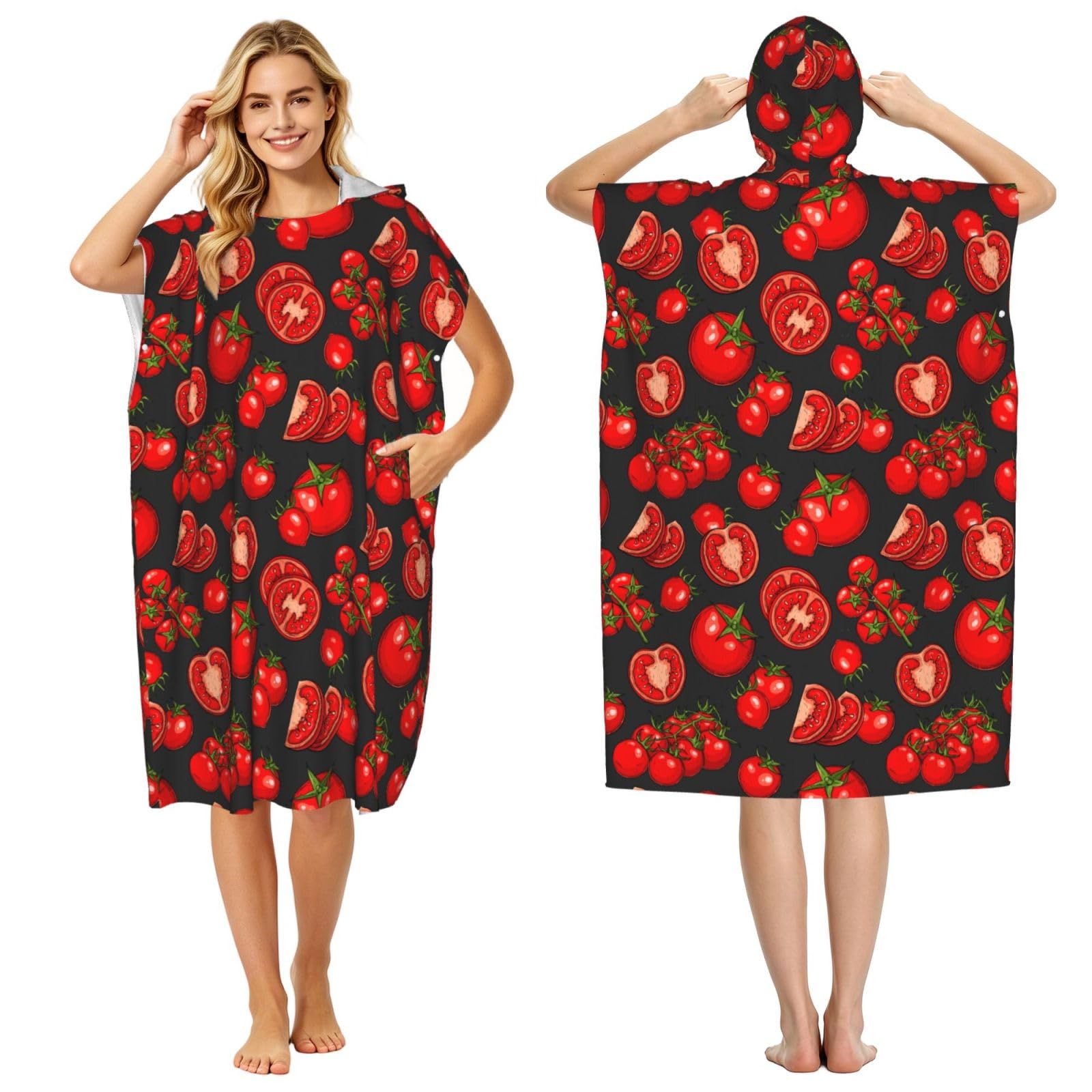 Poadnly Tomatoes Vegetable Pattern, Adult Hooded Beach Towel 90 x 110 cm,Changing Bath Robe, Surf Poncho Towel For Women Men