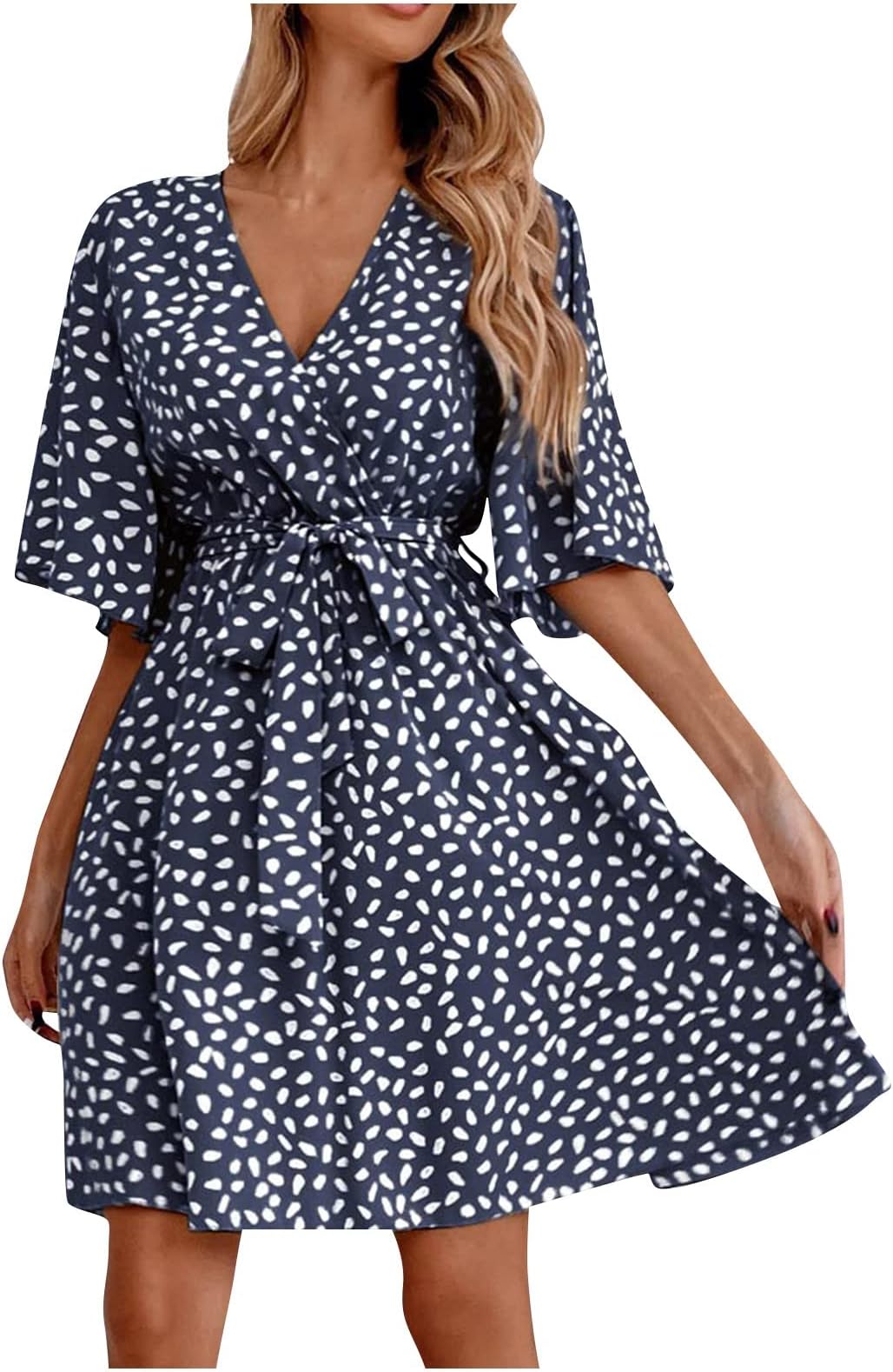 Eaktool Women's Wedding Guest Dresses Women's Fashion Casual Loose Comfortable Printed V-Neck with Belt Dress, S-XL