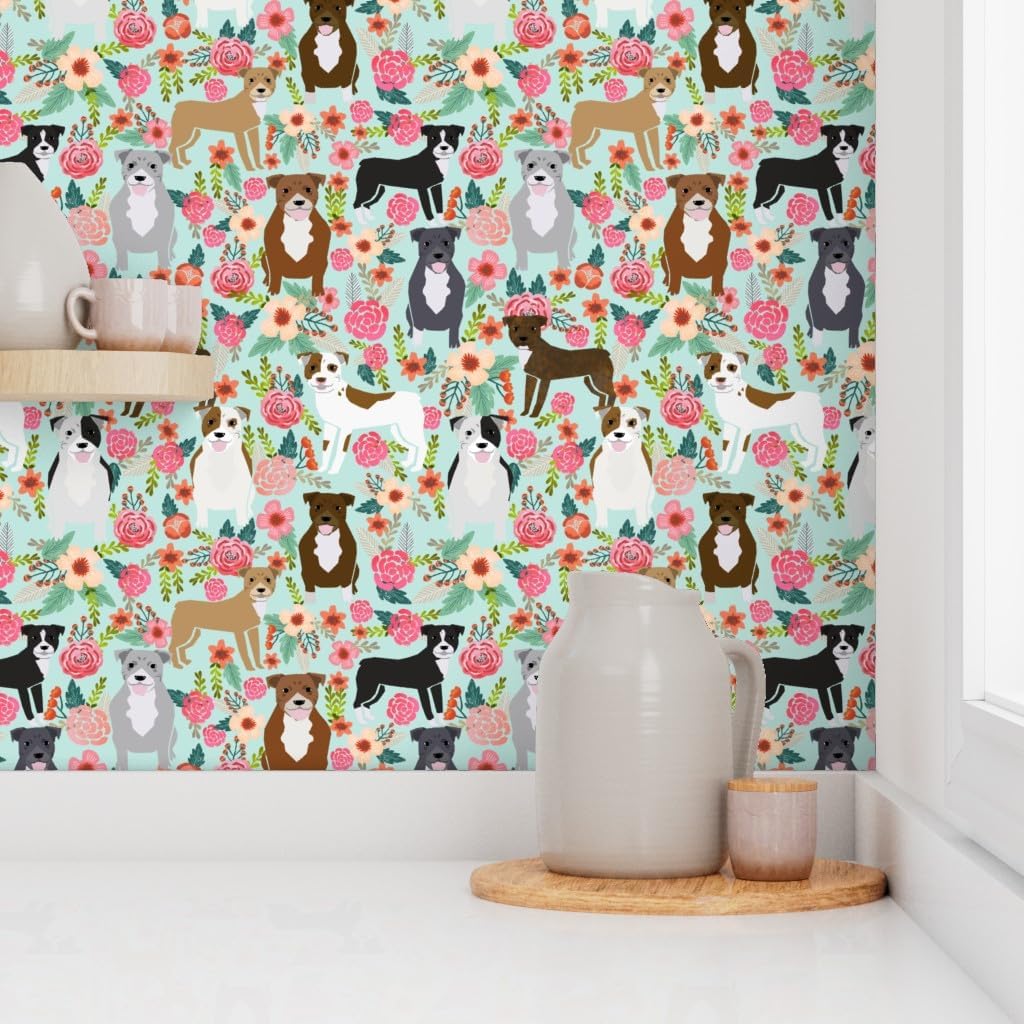 Peel & Stick Wallpaper Swatch - Floral, Pitbull Terriers, Cute, Dogs, Dog, Sweet, Animals, Florals, Mint Green, Rescue, Puppy Custom Removable Wallpaper by Spoonflower