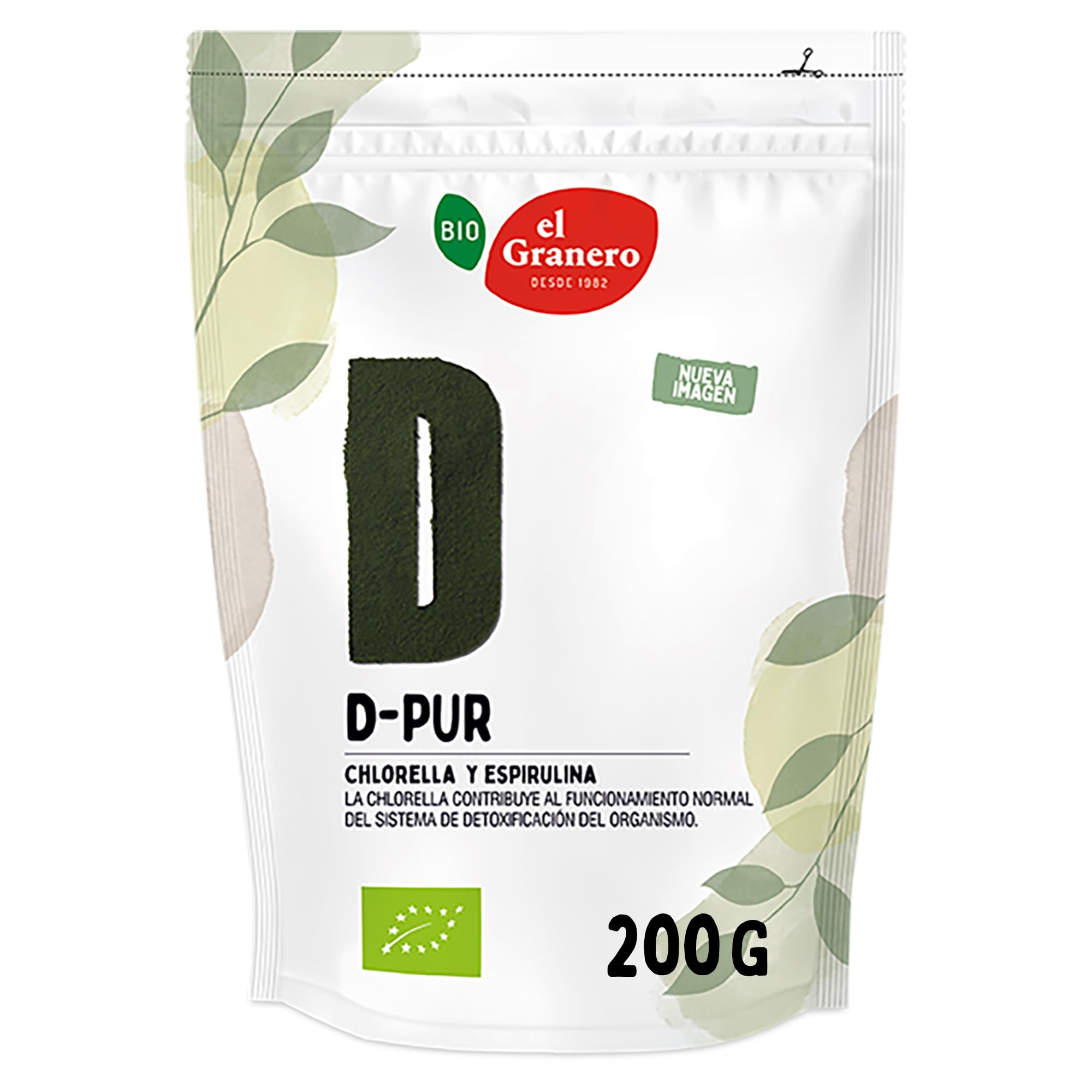 EL GRANERO INTEGRAL - D-​PUR Chlorella y Espirulina Bio - 200 g - Apto para Veganos - Fuente de Proteínas y Clorofila - Propiedades Antioxidantes y Detox - Ideal para Batidos y Zumos Verdes