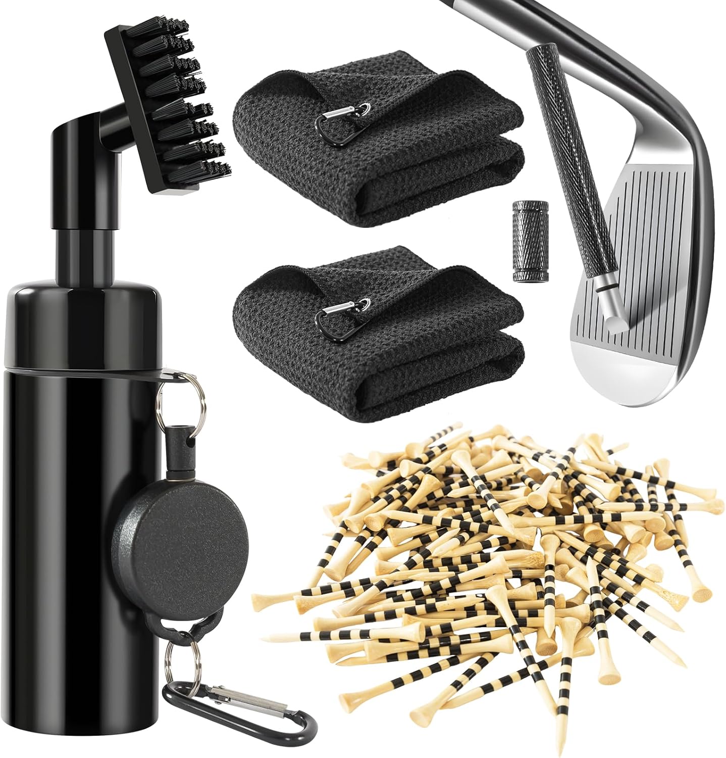 Golf Club Cleaner Brush with 5oz Water Bottle, 8.3“ Leak-Proof Design, 2 Towels & 100 Bamboo Golf Tees – Golf Accessories for Men & Women