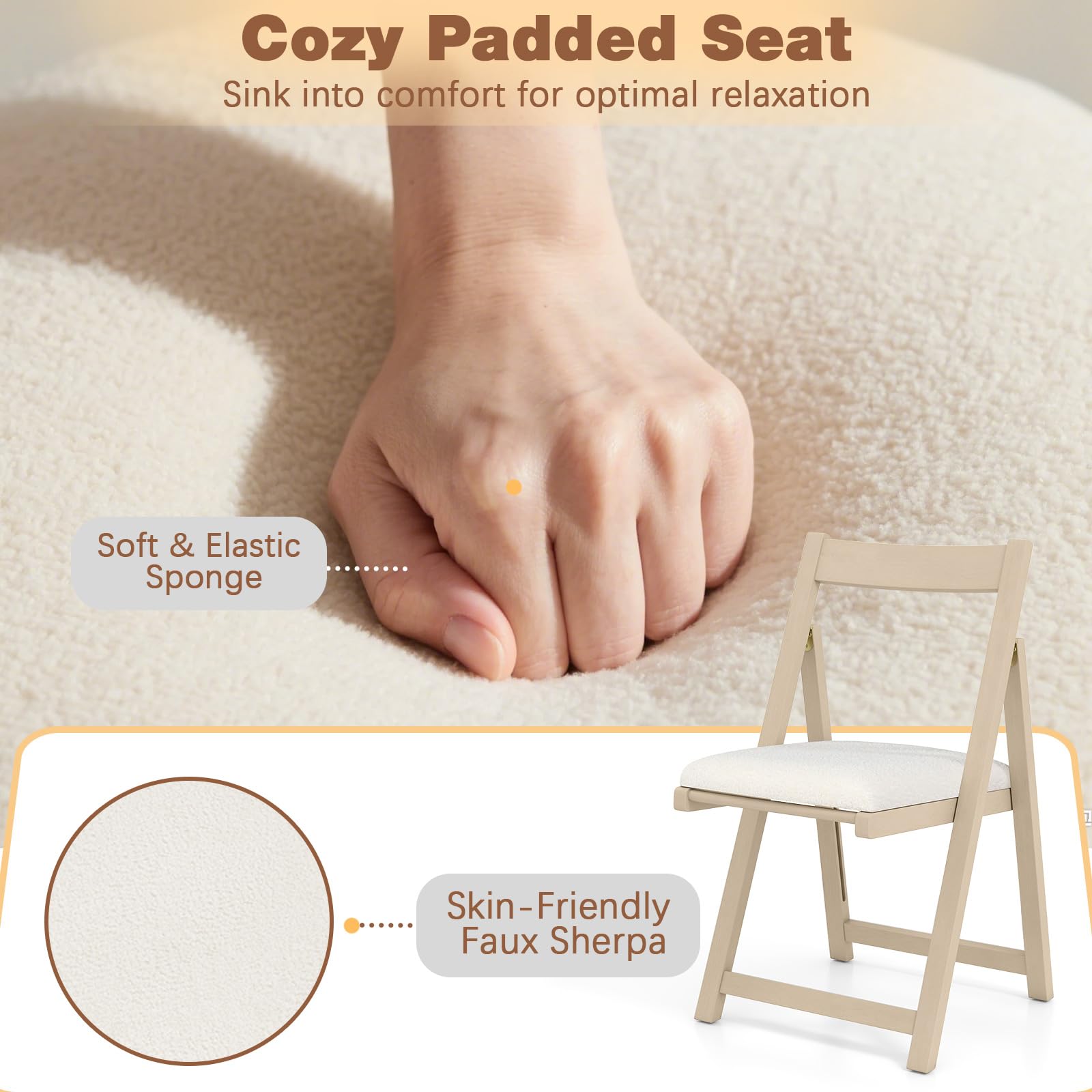 GIANTEX Set di 2 sedie pieghevoli, imbottite, con telaio in legno di gomma e schienale inclinato, per cucina, soggiorno e balcone (beige)
