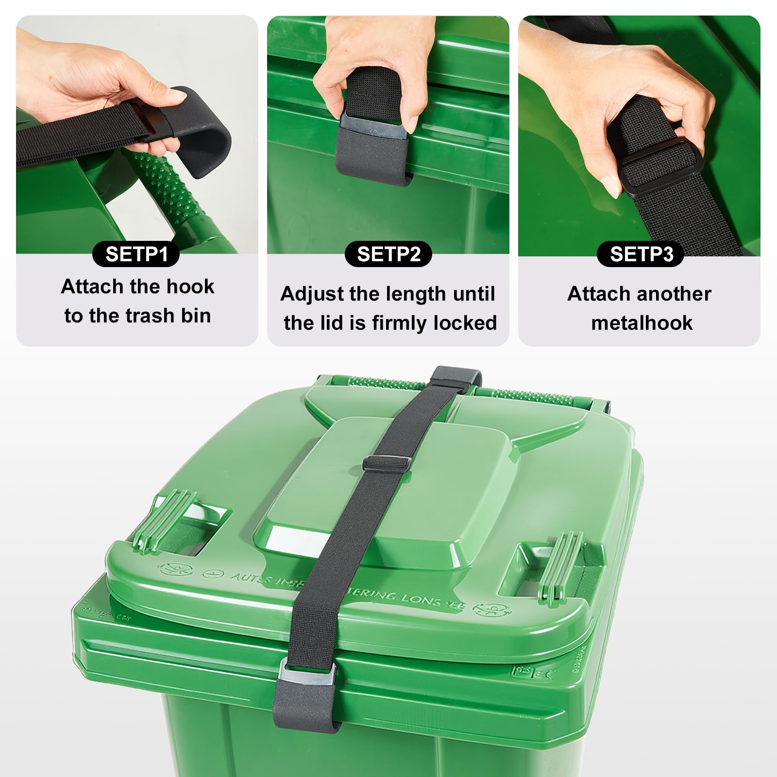 Correa de bloqueo de metal de doble garra, seguridad ajustable a prueba de animales para mapaches, perros, ardillas y viento, cerradura de basura de acero inoxidable resistente, cubo de basura
