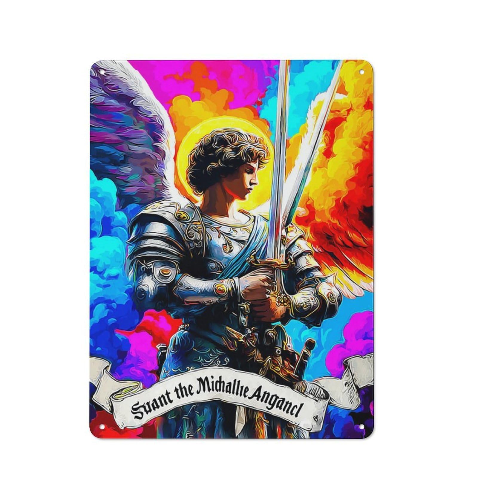 Junmoney Saint Michael Archangel Of Protection Metal Wall Plaque With Design 40X30cm, Retro Small Space Decor For Flat, Dorm Room, Lounge Or Cafe
