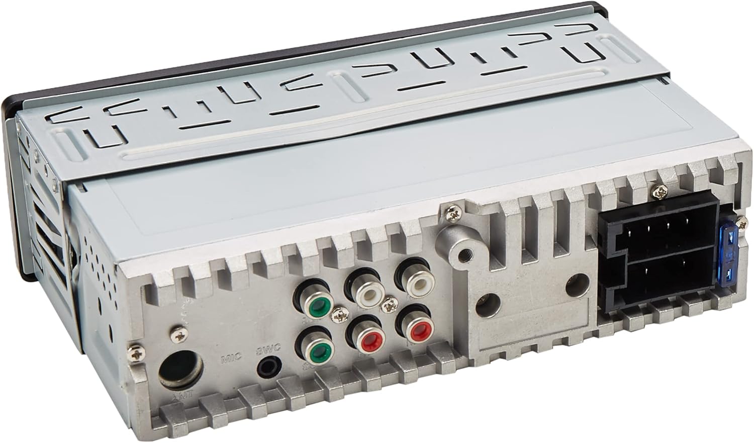 Rear view of Steelpro AXEL-009 car stereo showing wiring connections