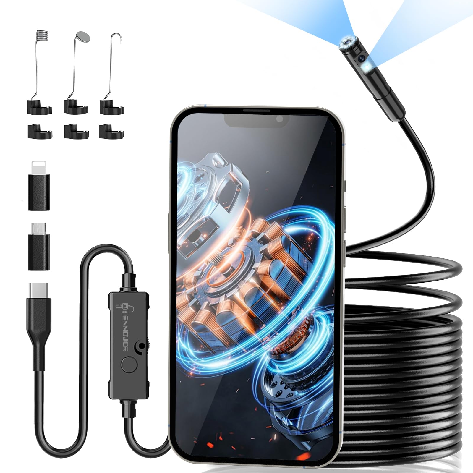 Dual-Lens USB Endoscope Inspection Camera, Ennovor 1920HD Semi Rigid Snake Inspection Cameras, No WiFi Borescope, IP67 Waterproof Tube Sink Pipe Drain Camera for Android iOS iPhone iPad Samsung,16.4FT