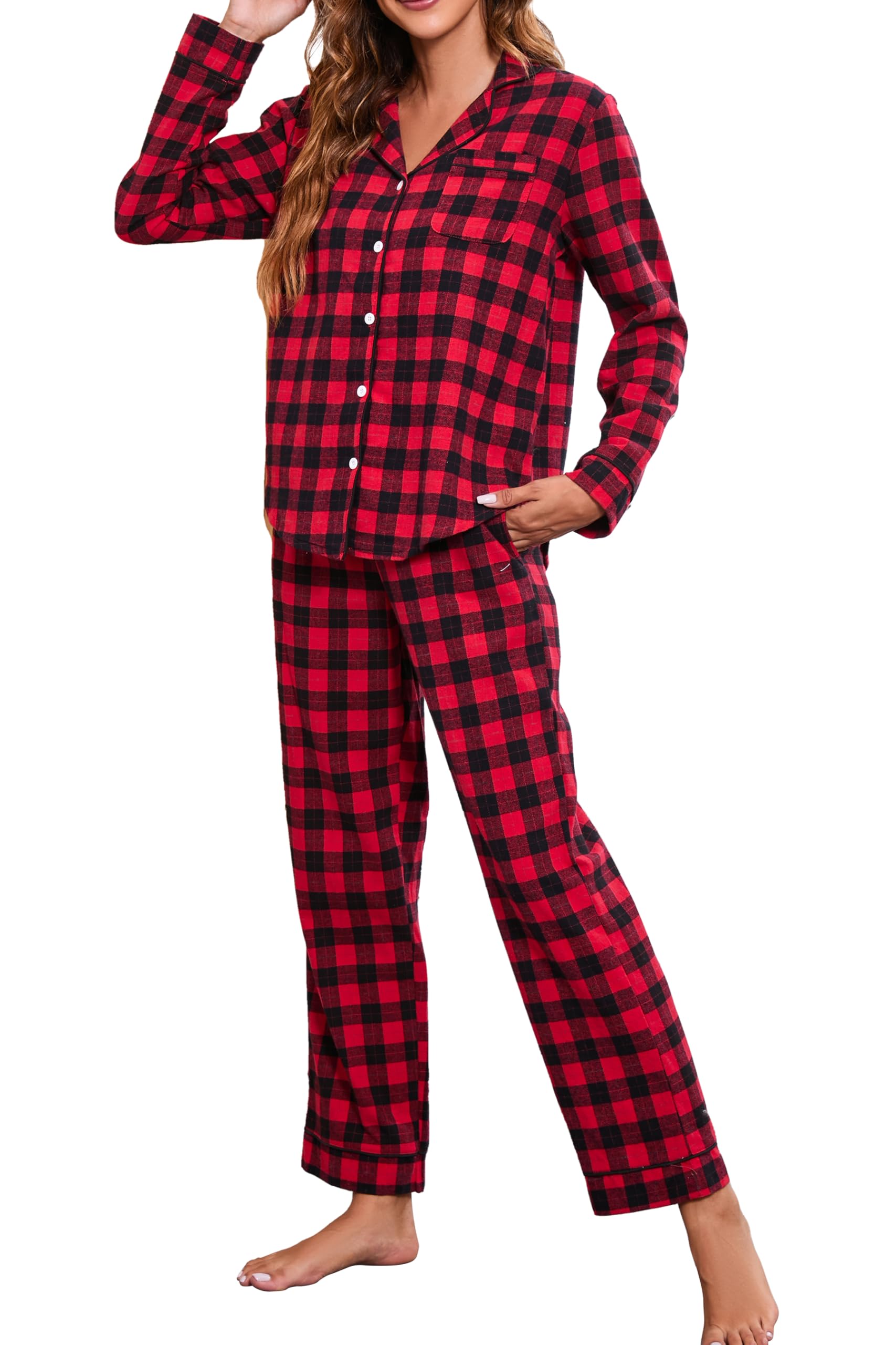 LUBOT 100% Cotton Pajamas for Women PJ Set Soft Button-Down 2 Piece Set Knitted Long Sleeve Sleepwear Loungewear XS-XXL