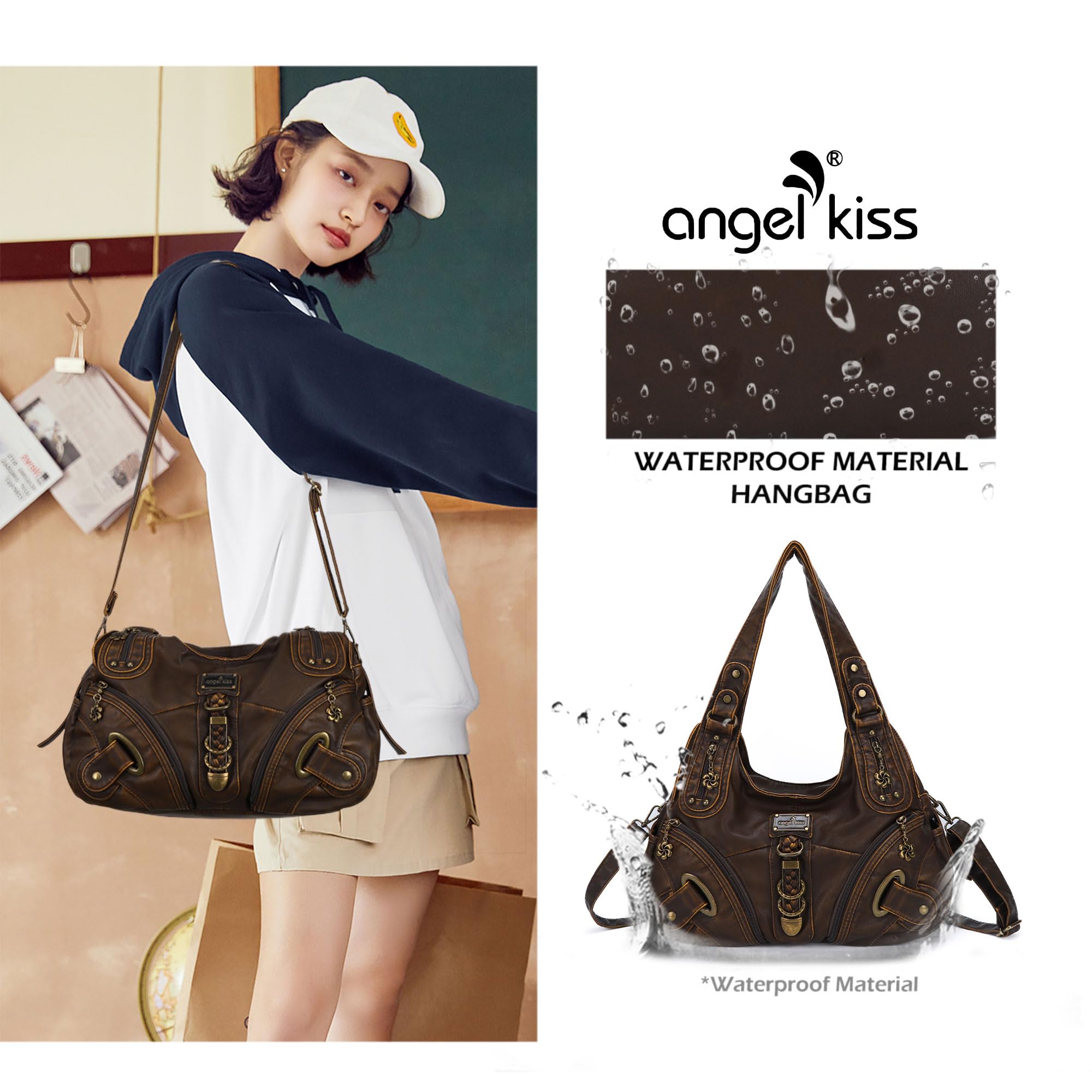 Angelkiss Hobo portfele i torebki dla kobiet, torba na ramię, duża, do codziennego użytku, 801Brown | Portfele