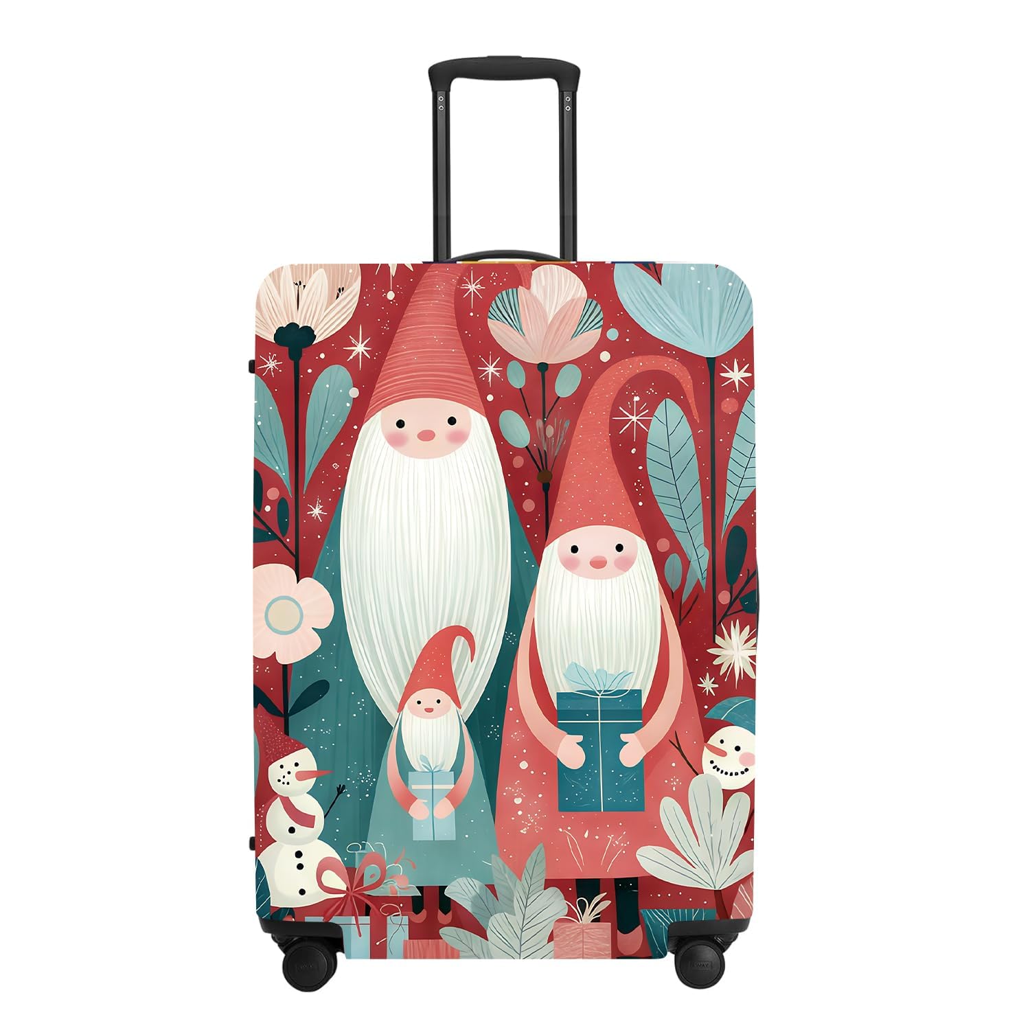 Gnome Luggage Cover - Red Background with Santa's Helpers, Trees and Snowmen, Elastic Holiday Travel Case for 18 20 22 Inch Bag