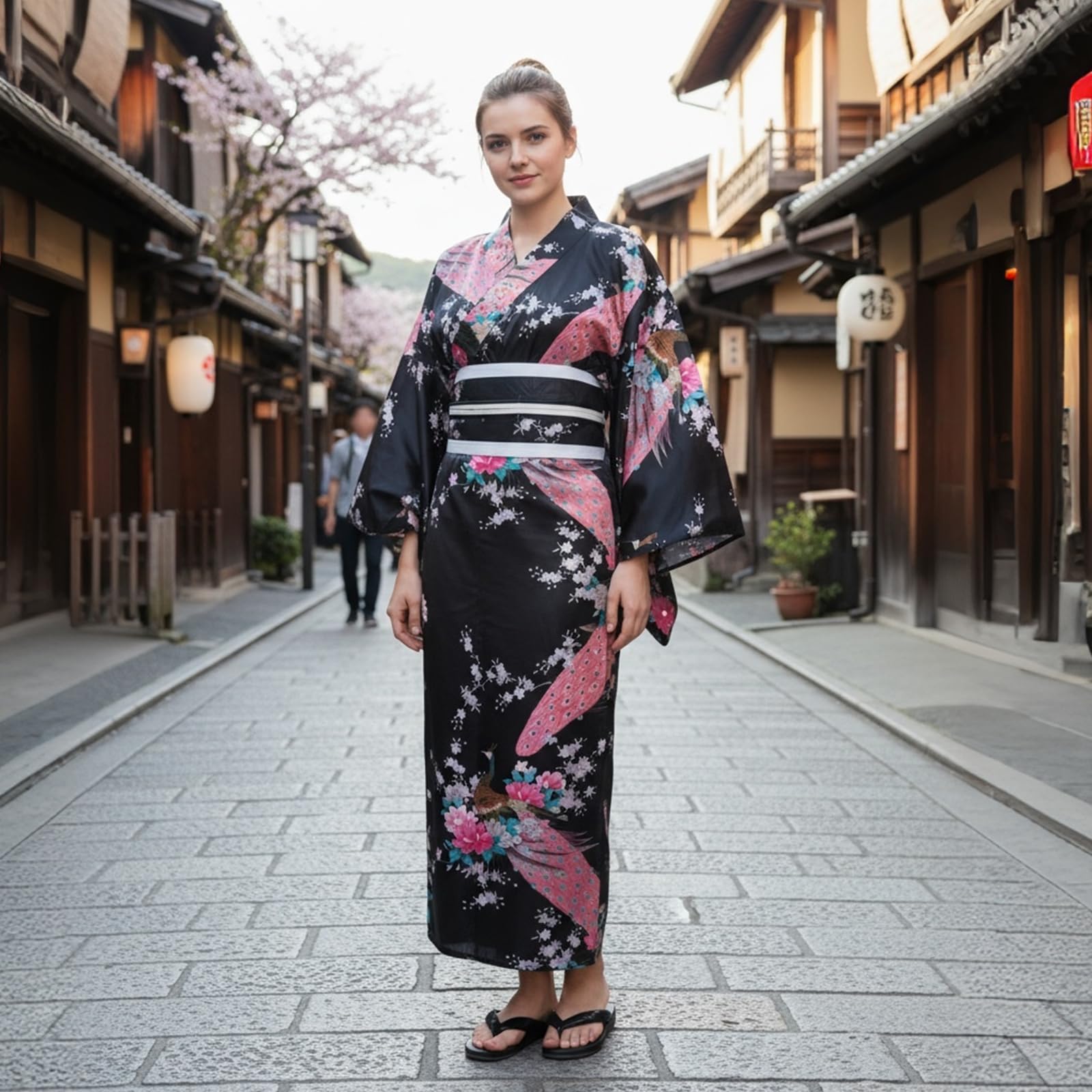 Completo Yukata Kimono Donna Giapponese in Raso Setoso, 8 Pezzi in Scatola Regalo - Costume Geisha Elegante Motivo Pavone o Sakura, Abito Cosplay Anime per Carnevale, Feste, Festival, Fotografia